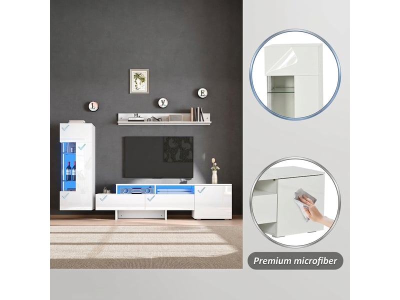  Ensemble meuble tv mural 3 pièces blanc brillant avec led, pour tv jusqu'à 70 pouces  - Conforama E