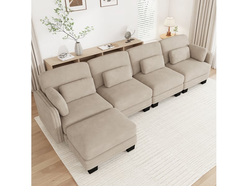 Canapé d’angle modulaire 4 places avec ottomane 330x143x88 cm en chenille café clair - Conforama R