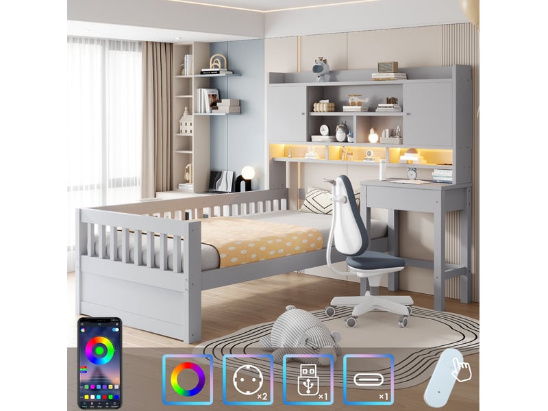 Lit enfant 90x200 cm, bureau, rangements, éclairage led, prise, barrières, bois de pin et mdf, gris, sans matelas - Conforama E