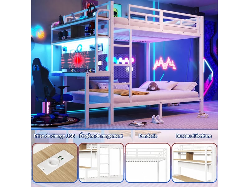  Lit superposé avec bureau intégré, 140 x 200 cm, métal et mdf blanc, rangements, led et usb, sans matelas  - Conforama D