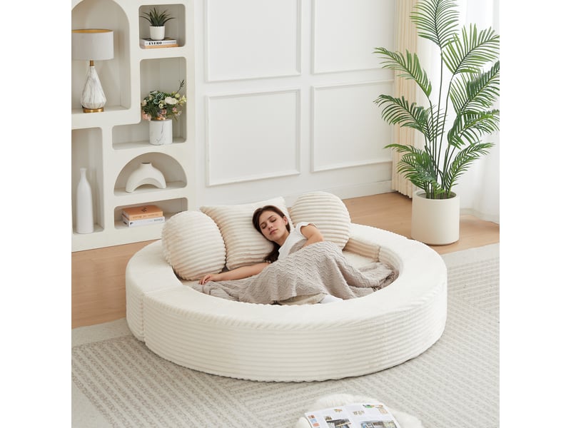  Canapé convertible 4 en 1, canapé modulable, lit de jour rond, 3 coussins, mousse, petits espaces, velours côtelé, beige CozyNest - Conforama B