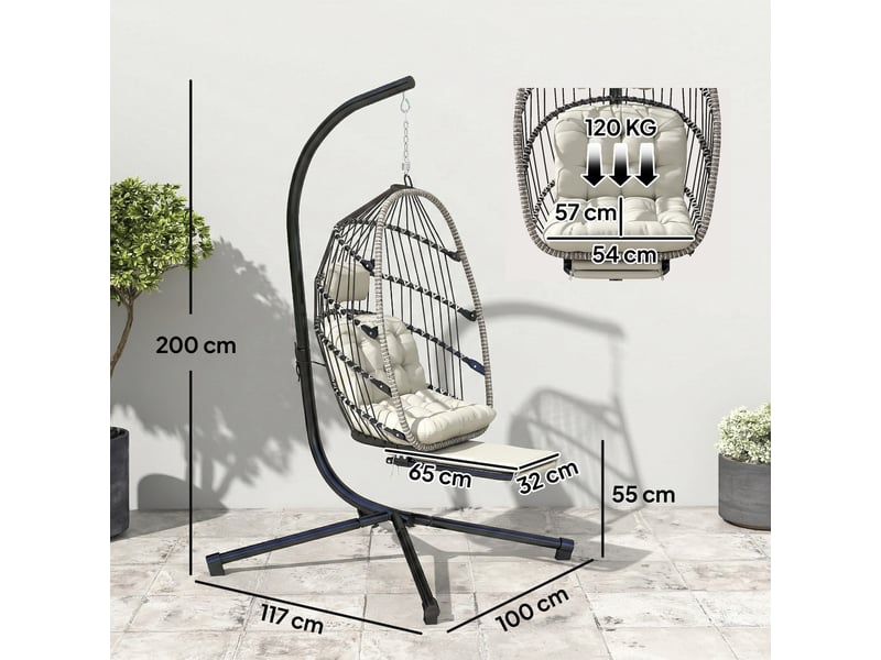 Fauteuil suspendu avec support, chaise suspendue pliante avec repose-pieds rétractable, gris clair - Conforama E
