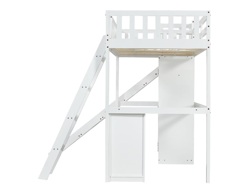  Lit mezzanine enfant 200×90 cm avec toboggan, bureau, armoire et rangements, sans matelas, blanc  - Conforama E