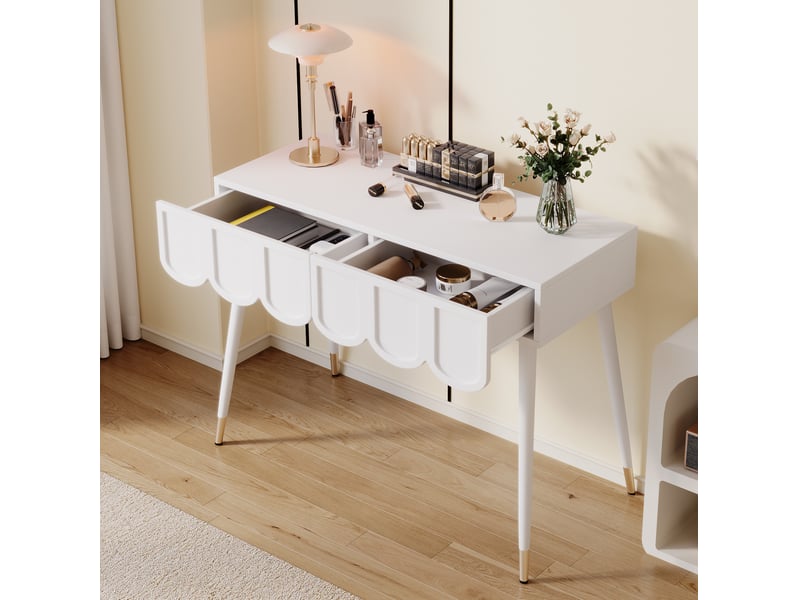 Coiffeuse élégante 100x40x76 cm avec 2 tiroirs, meuble de chambre, style moderne, gain de place, pieds métal, mdf blanc  - Conforama E