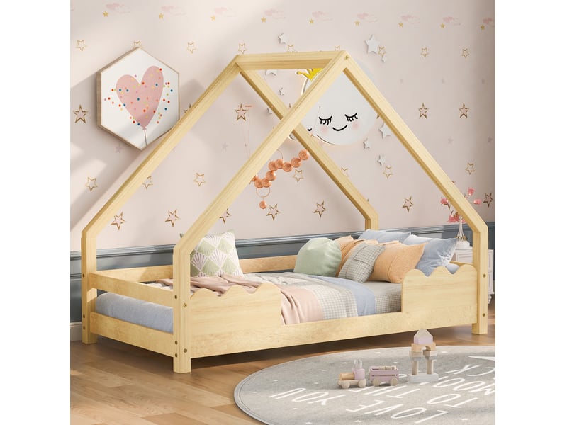  Lit cabane enfant 90x200 cm avec barrières en bois de pin  - Conforama B