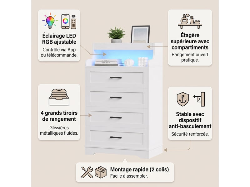 Commode blanche 4 tiroirs 73x40x114 cm, commode chambre avec éclairage led rgb et étagère ouverte, bois, moderne, blanc - Conforama C