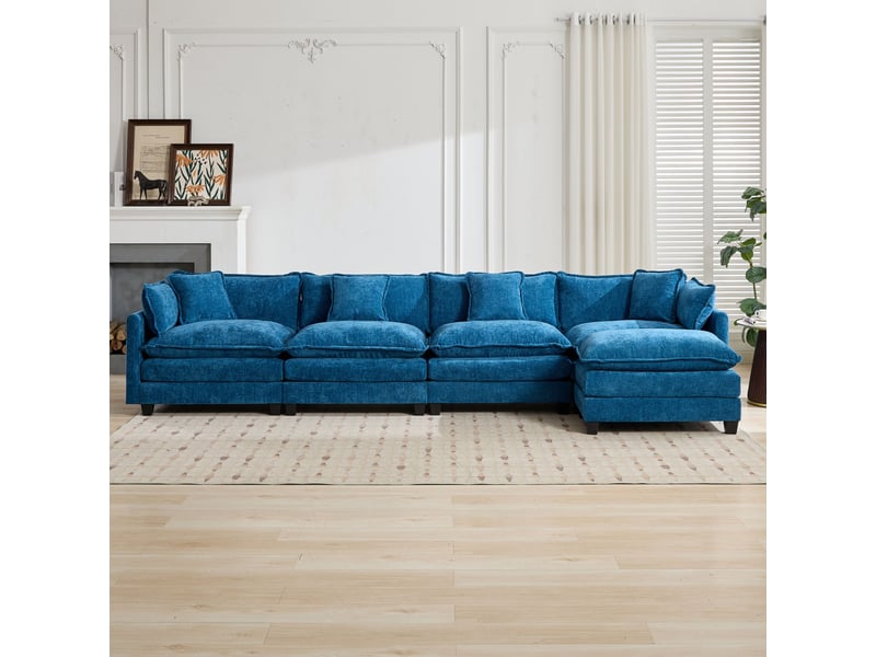 Canapé 4 places en chenille bleu, canapé modulable pour salon avec coussins d'assise rembourrés double couche ,pouf non inclus - Conforama W