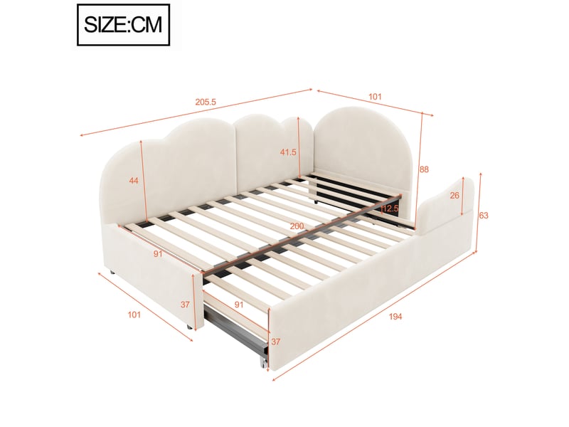  Lit gigogne 90 × 200 cm 1 place, couchage 180 × 200 cm, tête de lit nuage, sans matelas, velours beige  - Conforama D