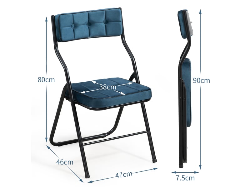  Chaises pliantes rembourrées 2 pièces, dossier incurvé à 110°, acier et velours bleu  - Conforama E