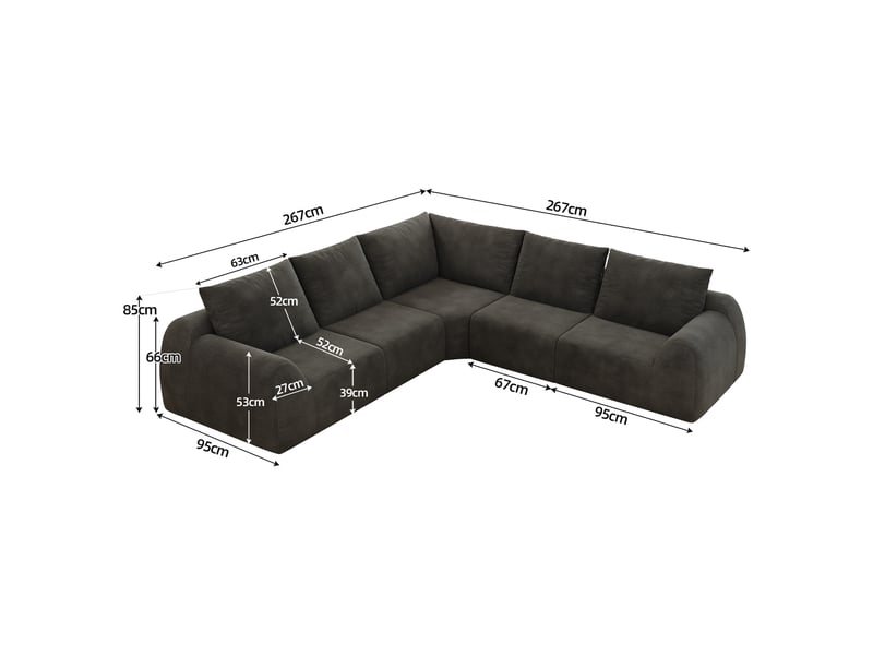 Canapé compressé 5 places, 267 x 267 x 85 cm, mousse haute élasticité, tissu chenille, sans montage, gris foncé  - Conforama C