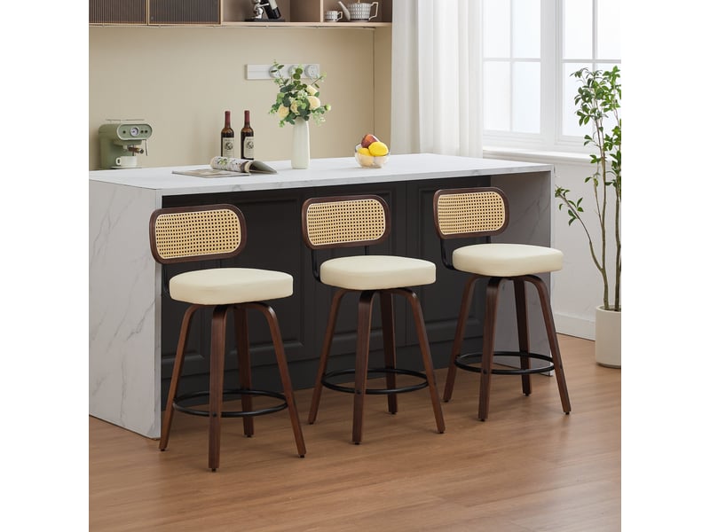  Lot de 3 tabourets de bar pivotants – structure noyer, assise rembourrée beige, dossier cannage, hauteur 66 cm, pour cuisine  - Conforama B