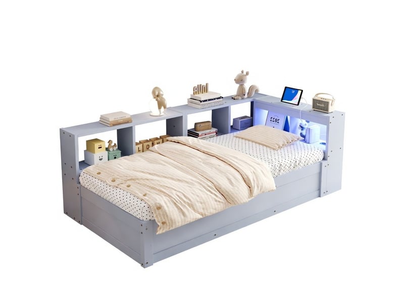  Lit coffre 90x200 cm avec rangement prise euro led multicolore mécanisme hydraulique bois massif gris  - Conforama A