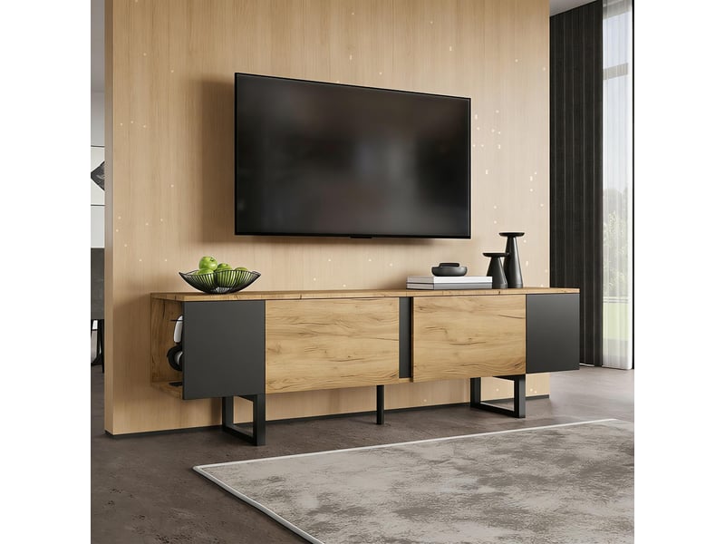 Meuble tv avec deux caissons latéraux et des étagères ouvertes, adapté aux téléviseurs de 75 pouces et moins, couleur naturelle  - Conforama D