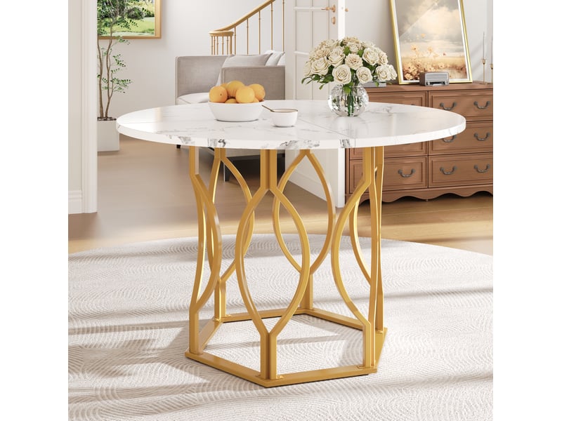 Table à manger ronde 100 cm en mdf et métal, blanche et dorée, 4 personnes - Conforama B