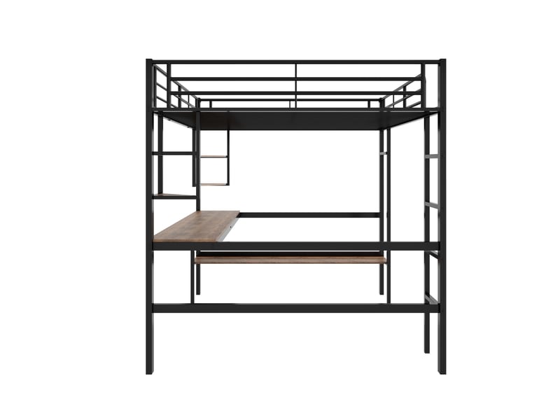  Lit mezzanine 140x200cm, lit enfant avec table, étagères de rangement, escalier et sommier, métal noir, sans matelas  - Conforama R