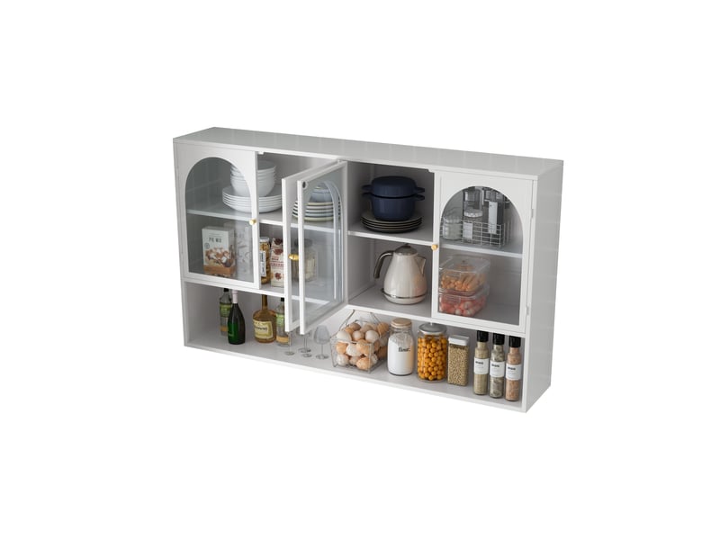 Armoire murale avec 4 portes en verre gris, rangement vertical pour cuisine et salon, en métal blanc, 120×23×70 cm  - Conforama A
