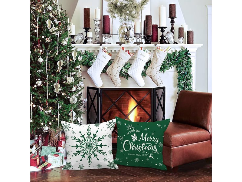  Lot de 4 housses de coussin de noël 45 x 45 cm, motif flocons de neige d'hiver, décoration de noël vert  - Conforama C