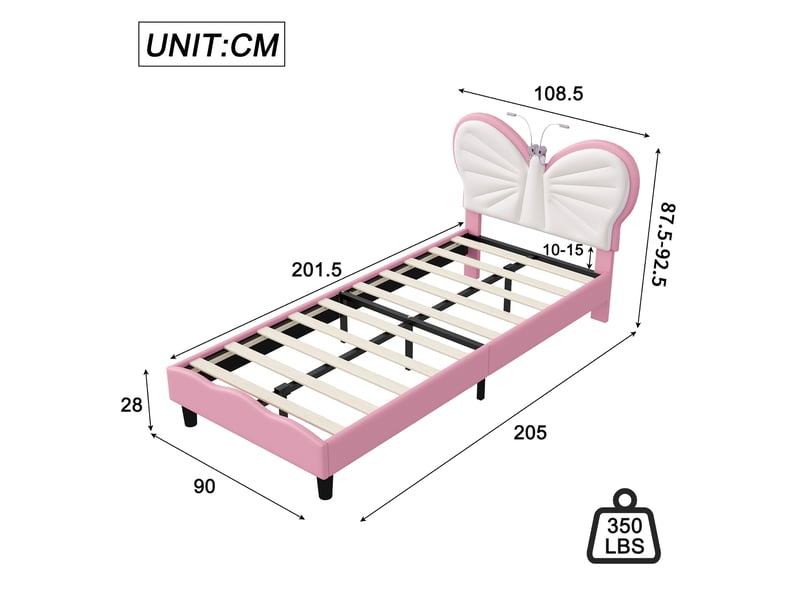  Lit enfant fille 90x200 cm – tête de lit papillon avec lampe de lecture intégrée – hauteur réglable 87,5-92,5 cm – velours – structure renforcée jusqu'à 350 lbs – sommier à lattes inclus  - Conforama E