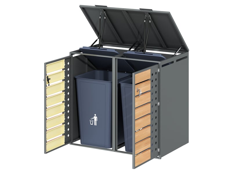  Abri pour poubelles 2 compartiments en acier galvanisé gris effet bois, couvercle hydraulique verrouillable  - Conforama A