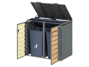 Abri pour poubelles 2 compartiments en acier galvanisé gris effet bois, couvercle hydraulique verrouillable