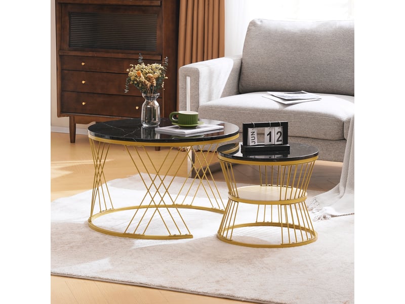  Table basse gigogne ronde, lot de 2 tables d'appoint, effet marbre noir brillant, structure en métal  - Conforama R