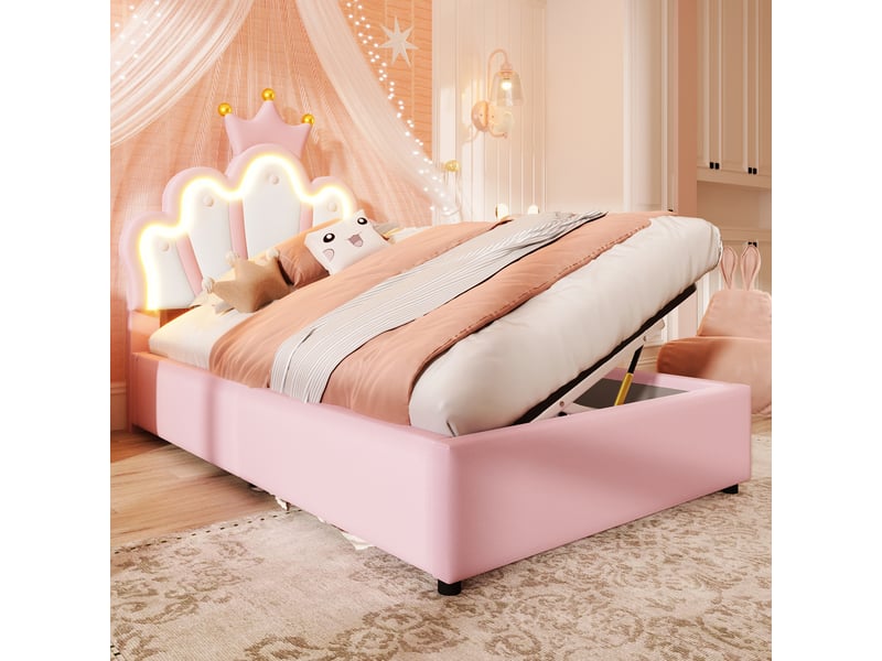  Lit coffre rembourré 90x200cm coloris rose led pu lit enfant rose - Conforama D