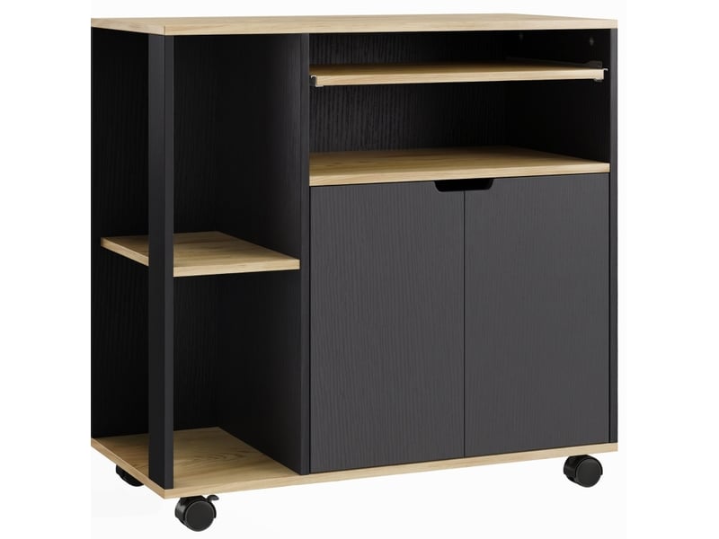 Desserte de cuisine noire et bois clair sur roulettes, 2 portes et étagère réglable, pour préparer et servir - Conforama A