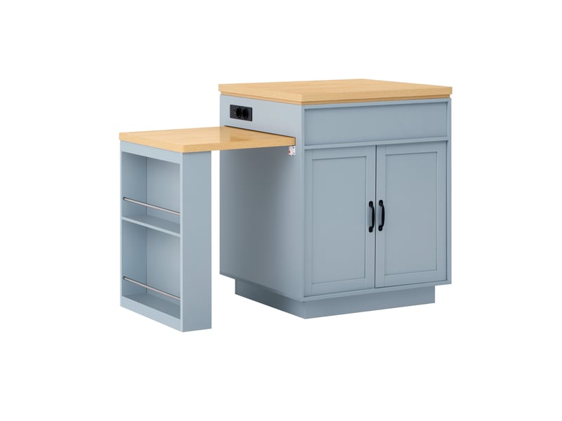  Îlot de cuisine 125,5-187,5x71x93 cm bleu en mdf, extensible avec roulettes et led pour cuisine  - Conforama D