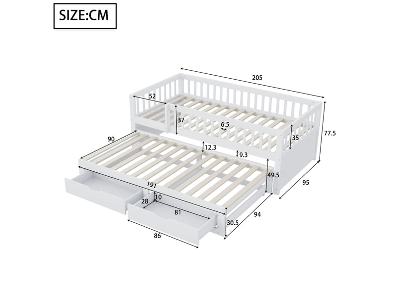  Couchage gigogne, 90x200 cm, avec garde corps de sécurité intégral, 2 tiroirs, matelas non inclus, bois, coloris blanc  - Conforama C