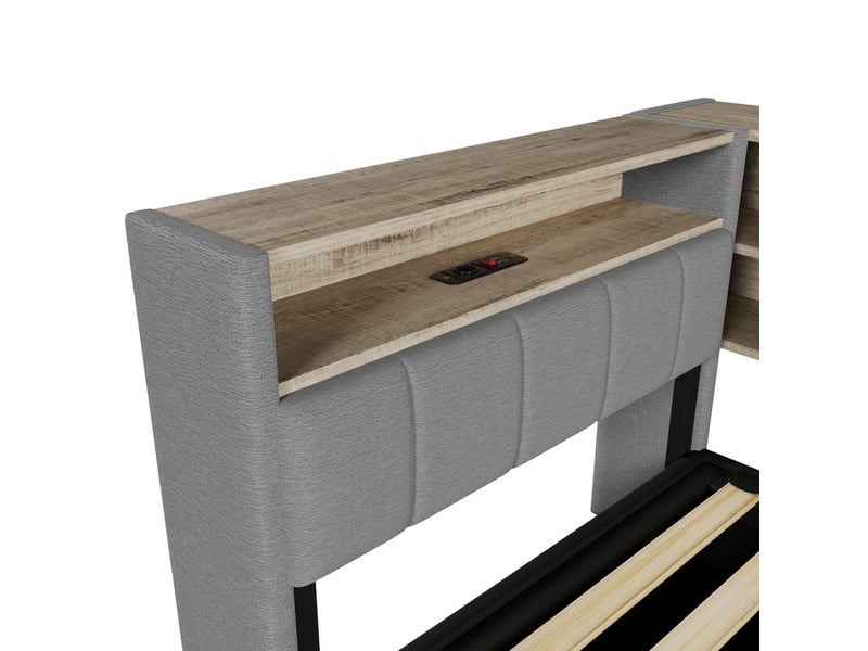  Lit coffre, 90 x 200 cm, mécanisme de levage hydraulique, prise électrique et élément de rangement latéral, velours, gris  - Conforama E