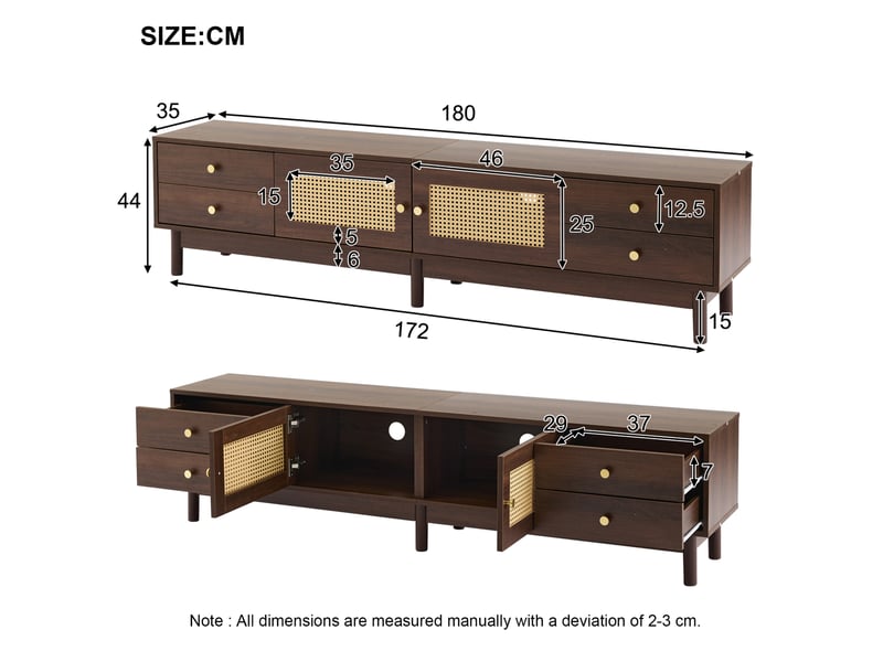  Meuble tv modenvie 180 x 35 x 44 cm avec 4 tiroirs, 2 portes motif rotin et passe-câbles, marron aspect bois foncé  - Conforama C