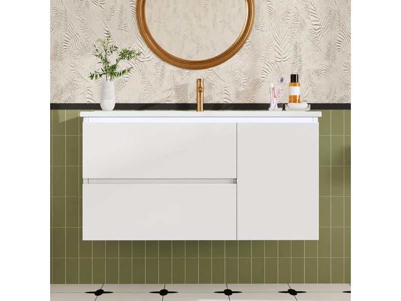  Meuble vasque suspendu blanc 91,5 cm avec 2 tiroirs, vasque en céramique et éclairage led  - Conforama B