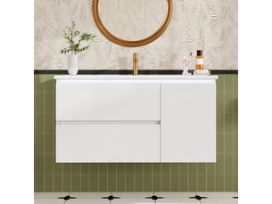 Meuble vasque suspendu blanc 91,5 cm avec 2 tiroirs, vasque en céramique et éclairage led