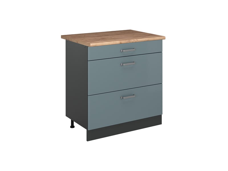  Vicco meuble cuisine, bleu-grisanthracite, 80cm avec 3 tiroirs plan de travail chêne doré  - Conforama A