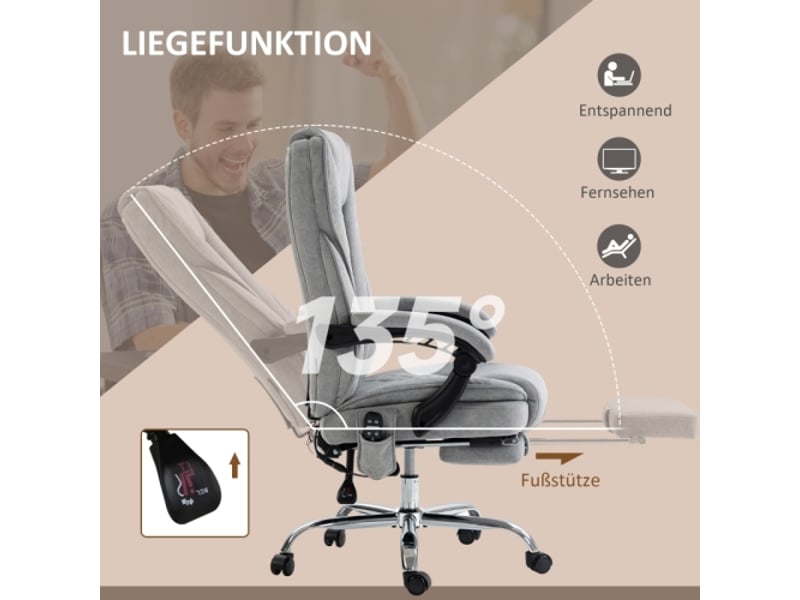  Chaise de bureau massante avec chaleur, inclinable, repose-pieds, télécommande, gris  - Conforama E