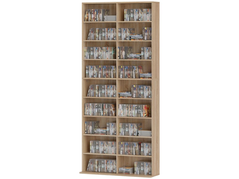  Meuble à dvd à 9 niveaux avec 18 compartiments et 14 étagères réglables, pouvant contenir 640 cd, 360 dvd ou 430 blu-ray, en bois naturel  - Conforama B