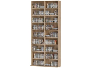 Meuble à dvd à 9 niveaux avec 18 compartiments et 14 étagères réglables, pouvant contenir 640 cd, 360 dvd ou 430 blu-ray, en bois naturel