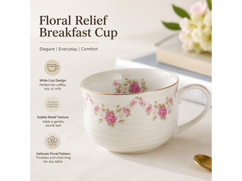  Tasse de petit-déjeuner en céramique, fleurs roses, 14 × 7,8 cm  - Conforama B