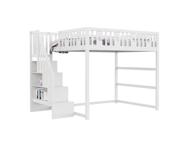  Lit mezzanine enfant 140x200 cm avec escalier, bois blanc, garde-corps de sécurité, décorations étoiles et lune, sans matelas  - Conforama A