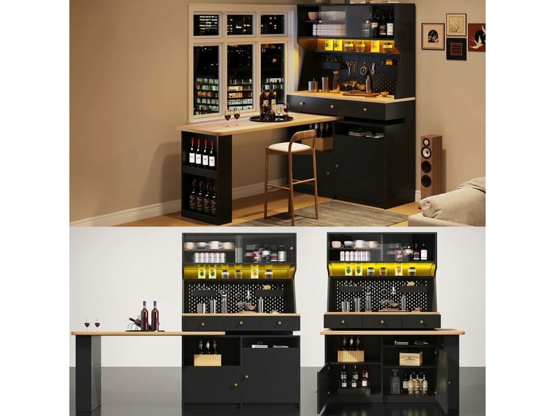  Armoire haute multifonction avec bureau et table de bar, led connecté et portes en verre, noir  - Conforama B