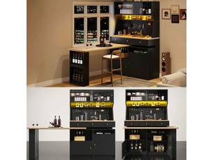 Armoire haute multifonction avec bureau et table de bar, led connecté et portes en verre, noir