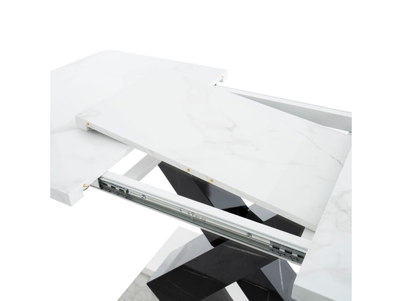 Table extensible plateau effet marbre imprimé piètement mdf noir en x base métal table de salle à manger - Conforama D