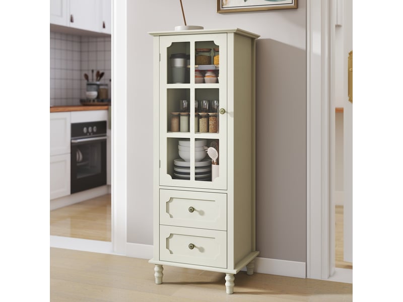  Armoire vitrine modenvie avec porte vitrée et 2 tiroirs 50 x 40 x 133 cm mdf blanc crème  - Conforama B