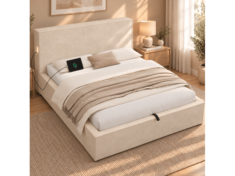Lit coffre 120 × 200 cm avec sommier à lattes et ouverture hydraulique, tête de lit rembourrée en chenille beige - Conforama B