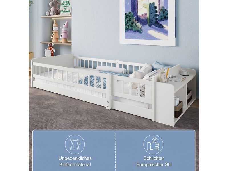  Lit enfant 90x200, garde-corps sécurisé lit combine enfant, structure bois massif, rangement intégré, design modulaire  - Conforama D