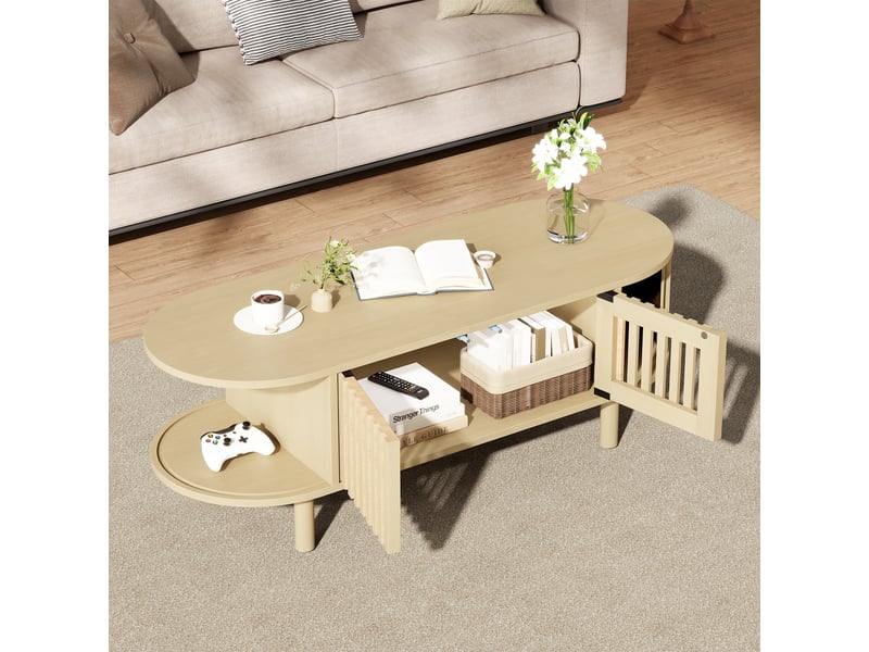  Table basse ovale 100x40x38 cm en bois clair avec portes coulissantes et pieds en bois massif  - Conforama D
