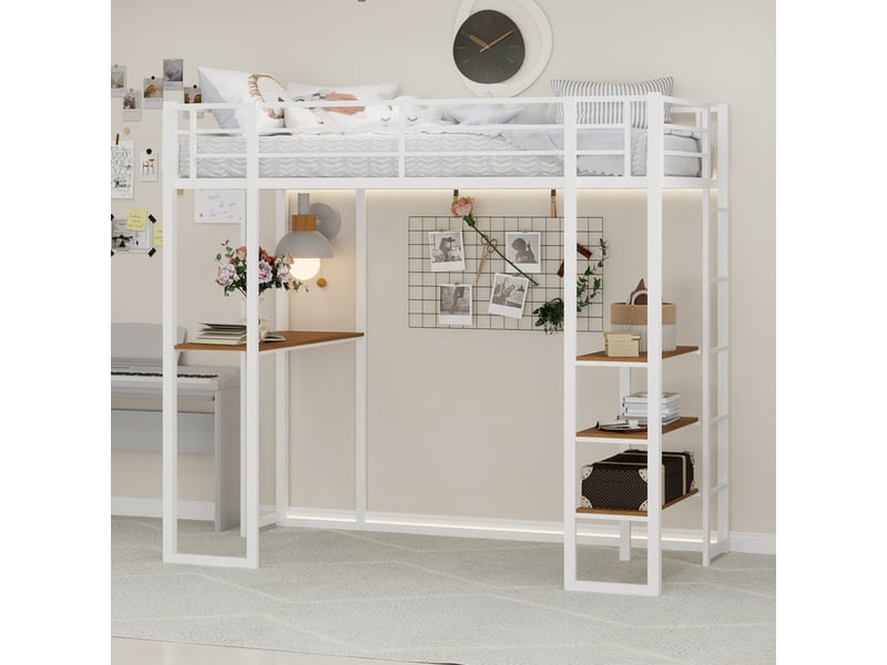  Lit mezzanine avec bureau 90x190 cm en fer blanc - étagères, deux échelles et garde-corps  - Conforama D