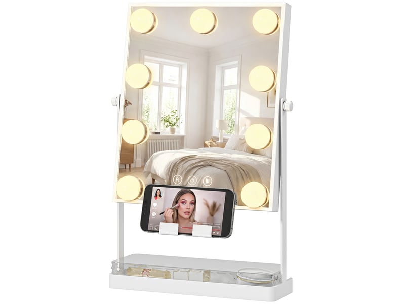 Miroir de maquillage lumineux style hollywood avec 9 ampoules led, 3 couleurs, interrupteur tactile et support pour téléphone - blanc - Conforama B