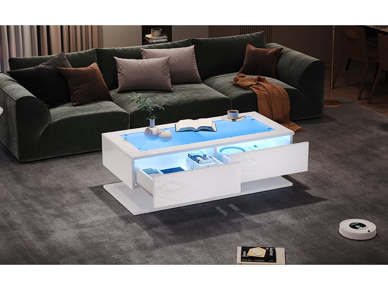  Table basse 100x50 cm en laque blanche brillante avec tiroirs, led et plateau en verre  - Conforama B