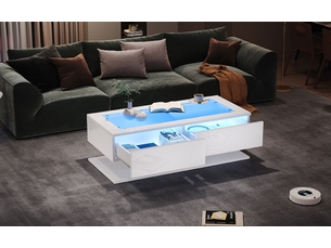 Table basse 100x50 cm en laque blanche brillante avec tiroirs, led et plateau en verre